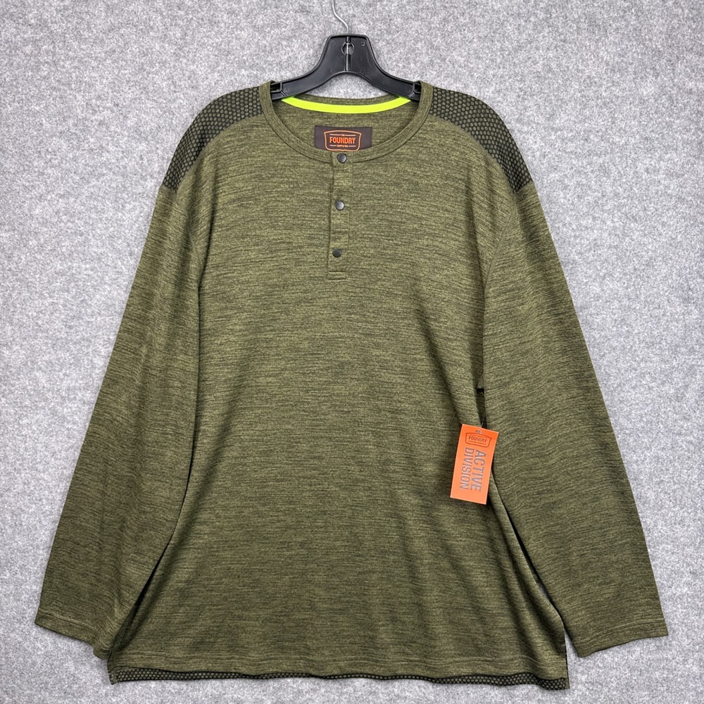 The Foundry Supply Co Mens 2XL Olive Heather Active Division Performance Henley